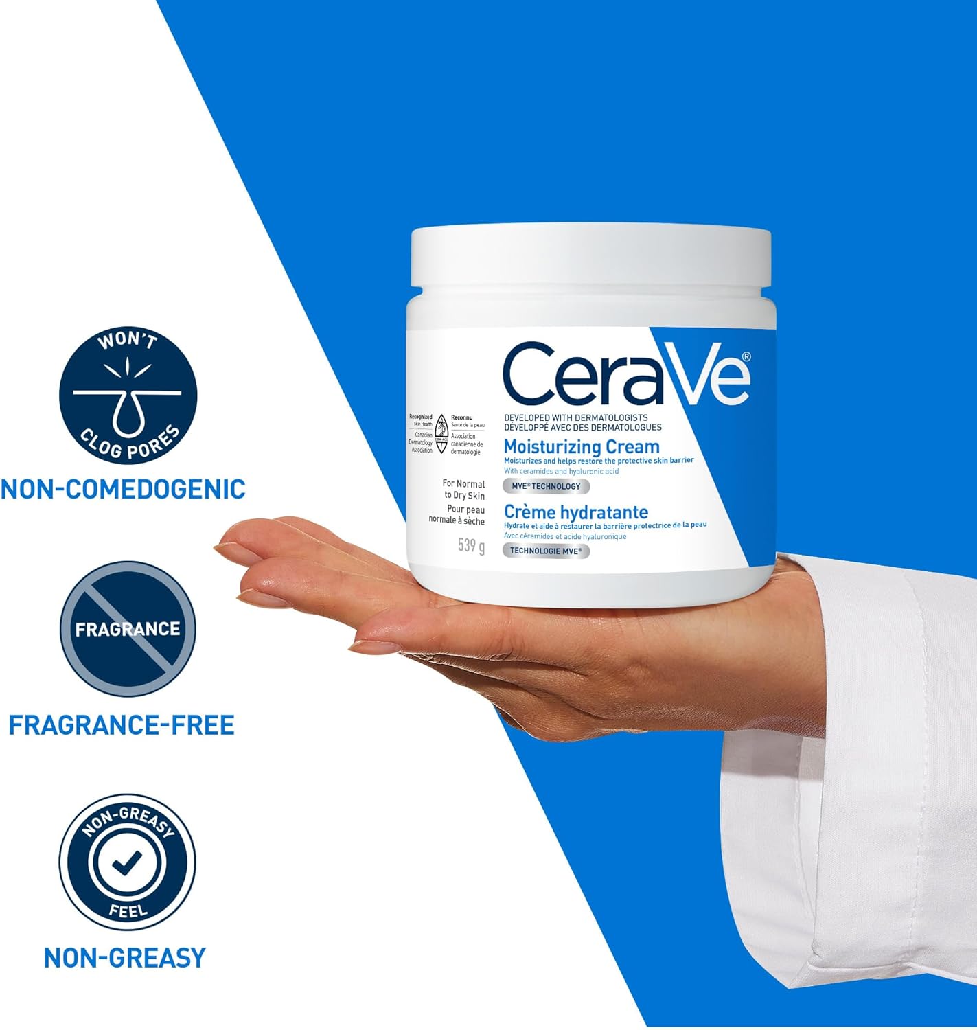 CeraVe Feuchtigkeitscreme, Tägliche Gesichts-, Hand- und Körpercreme für trockene Haut mit Hyaluronsäure und Ceramiden für Frauen und Männer. Für empfindliche Haut, ölfrei, nicht komedogen, parfümfrei, 539 Gramm