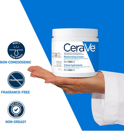 CeraVe Feuchtigkeitscreme, Tägliche Gesichts-, Hand- und Körpercreme für trockene Haut mit Hyaluronsäure und Ceramiden für Frauen und Männer. Für empfindliche Haut, ölfrei, nicht komedogen, parfümfrei, 539 Gramm