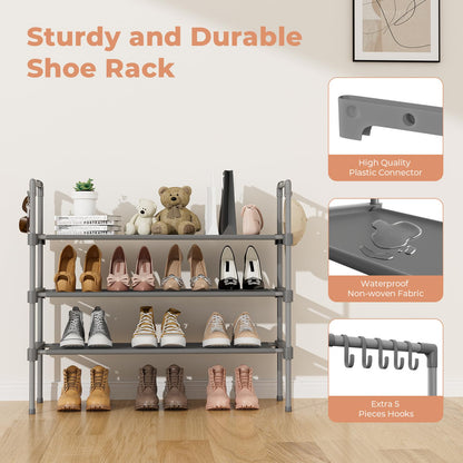LANTEFUL 3 Tier Shoe Rack for Closet, Shoe Organizer with 5 Hooks, Long Shoe Shelf Storage for Sneaker and Boot Stackable Free Standing Shoe Rack for Entryway, Garage, Small Spaces, Dorm