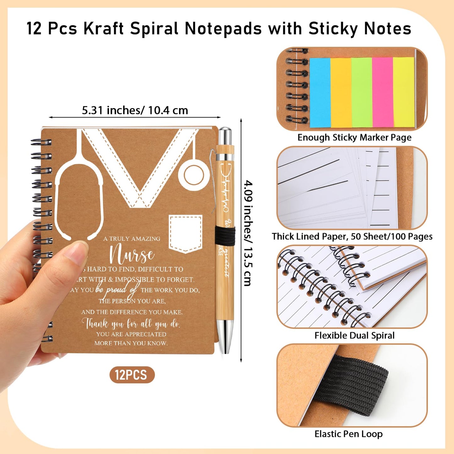 Jetec 48 Set 2026 CNA Week Gifts Bulk Nurse Appreciation Gift Set Small Inspirational Kraft Spiral Nursing Notebooks with Sticky Notes Pens for Healthcare Medical Hospital Coworker Staff Office