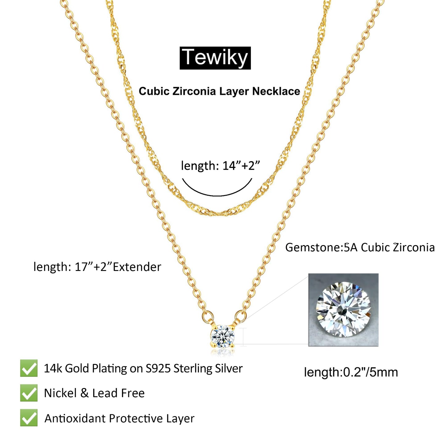 Tewiky Dainty 14k Gold Plated/Silver Cubic Zirconia Necklaces for Women, Simple CZ Jewelry Necklaces Trendy Gifts