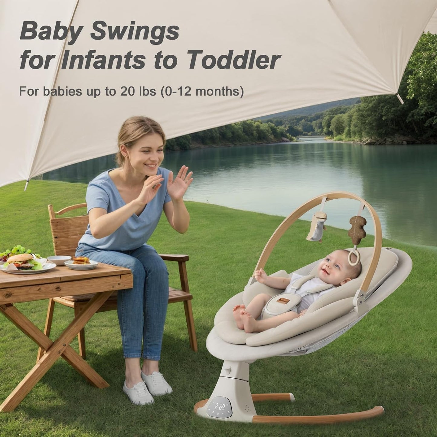 Babyschaukel für Säuglinge, Monamii Babyschaukel, Bluetooth-Babyschaukel mit Musiklautsprecher, 5 Geschwindigkeiten und Fernbedienung, elektrische Babyschaukel, tragbare Babyschaukel, für drinnen und draußen (Hellbeige)