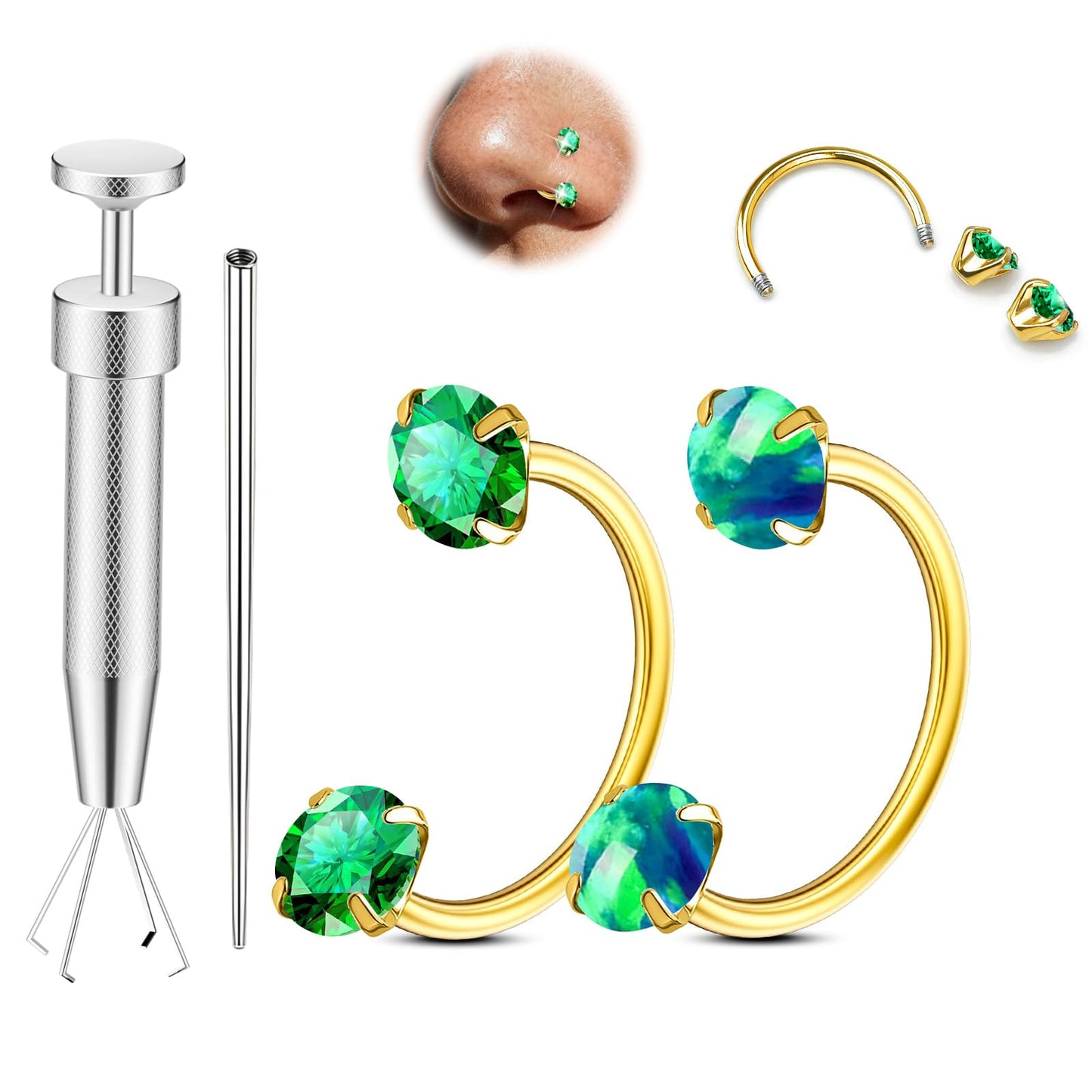 Opal Nose Ring Studs Horseshoe Nose Rings Hoops Stud 316L Stainless Steel Nose Rings Round CZ Square Screw L Shaped Nose Stud Hypoallergenic Nostril Piercing Jewelry for Women Men