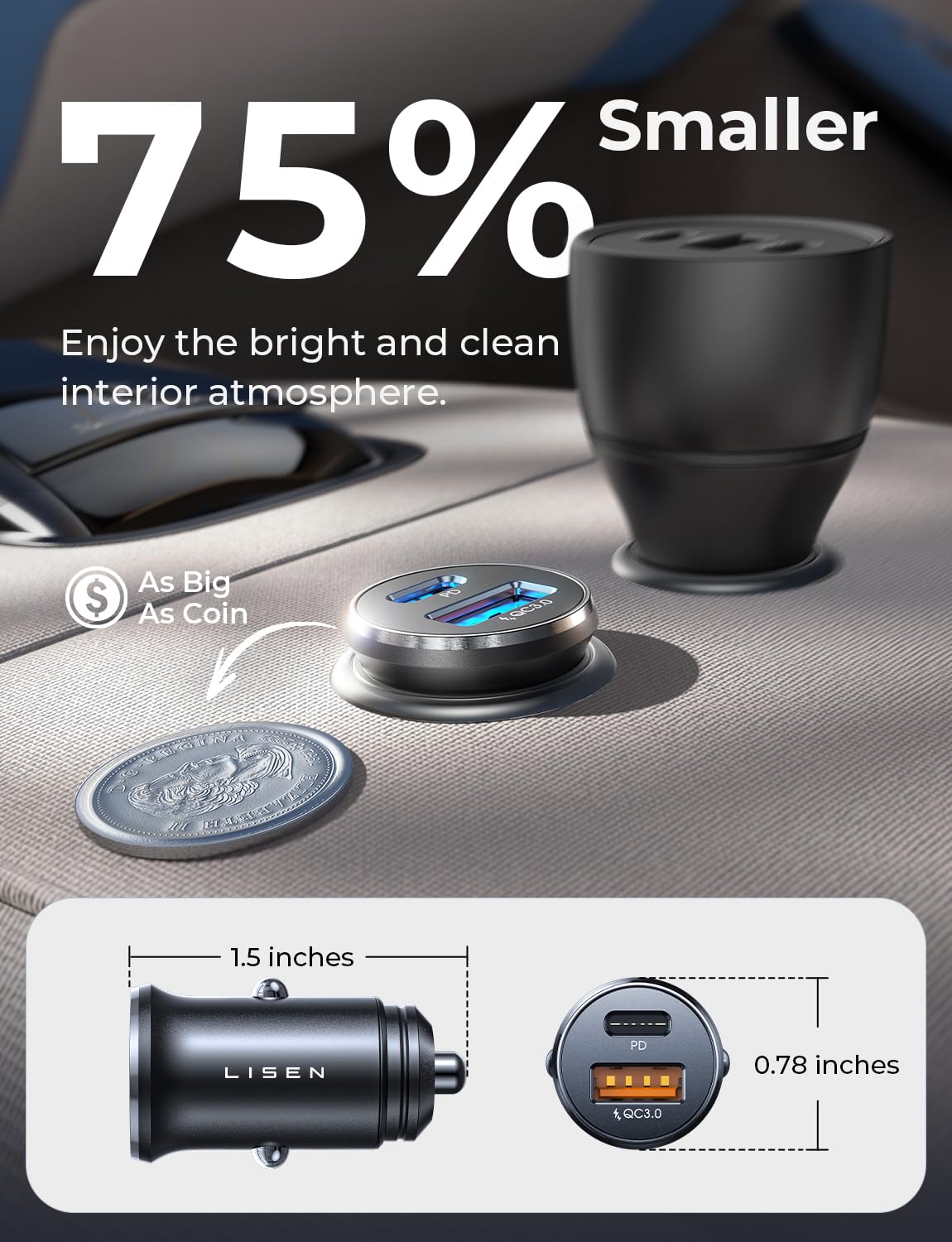 LISEN Mini USB C Auto-Ladegerät, [Aluminiumlegierung] Zigarettenanzünder-Adapter, 54W Auto-Ladegerät USB C Schnellladegerät, Auto Handy-Ladegerät, 12V USB-Steckdose, Auto-Zubehör für iPhone 17 16 Pro Max Air 15 Galaxy