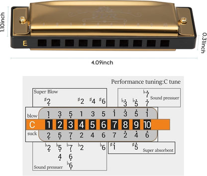 JDR Mundharmonika C, Blues-Mundharmonika in C, 10-Loch, 20 Töne mit Etui, Standard diatonisch für Anfänger, Erwachsene, Profis, Lehrer, Eltern, Schüler, Schwarz, Neujahrsgeschenk