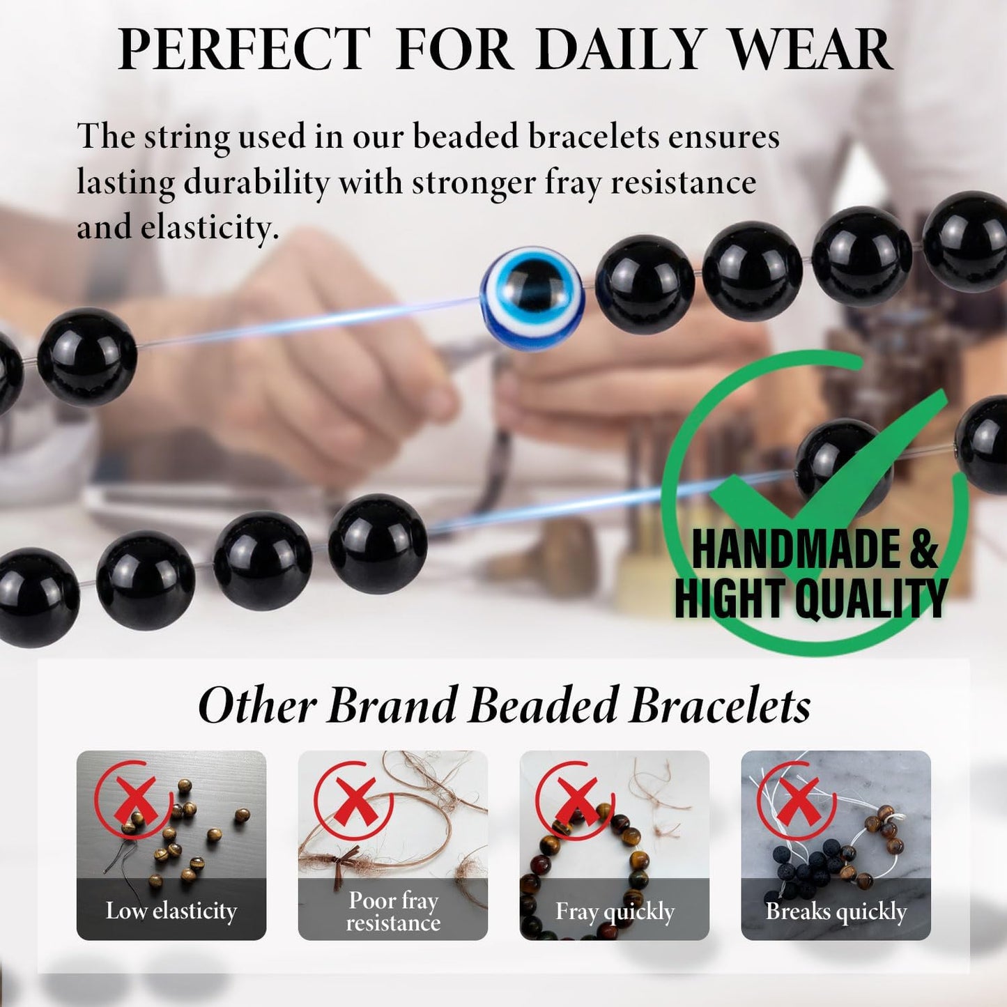 6 mm Böses Auge Armband aus schwarzen Kristallen – verstellbares Set aus Natursteinen für Herren und Damen, Schutzamulett als Geschenk für den Alltag/Geburtstag/Jahrestag