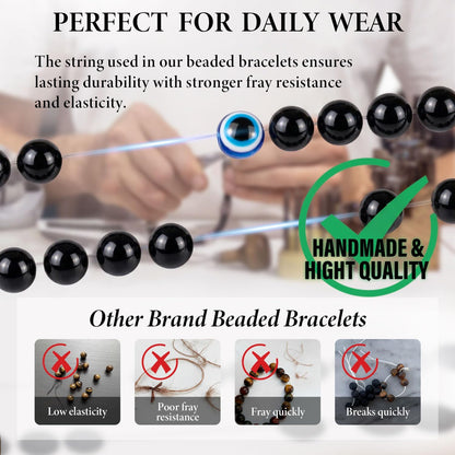 6 mm Böses Auge Armband aus schwarzen Kristallen – verstellbares Set aus Natursteinen für Herren und Damen, Schutzamulett als Geschenk für den Alltag/Geburtstag/Jahrestag
