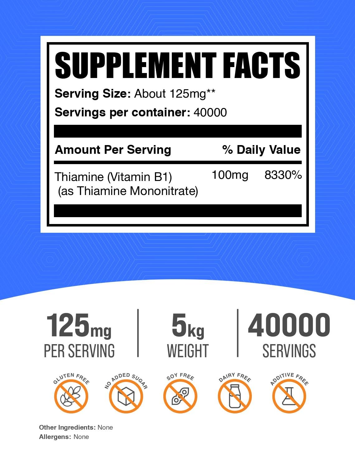 BulkSupplements.com Thiamine Mononitrate Powder - Vitamin B1 Powder, Thiamine B1 Supplement - B1 Vitamins, Gluten Free, 125mg per Serving, 5kg (11 lbs) (Pack of 5)