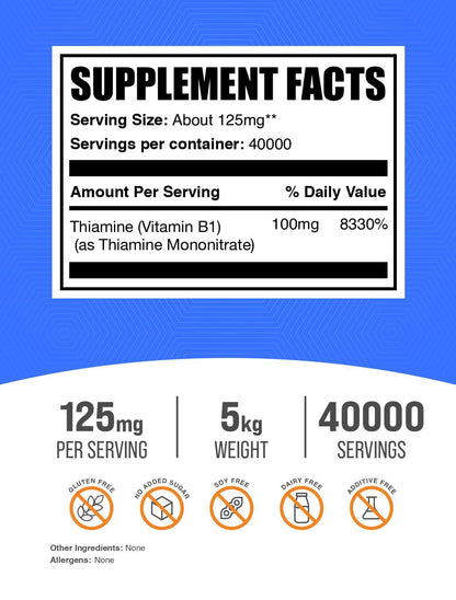 BulkSupplements.com Thiamine Mononitrate Powder - Vitamin B1 Powder, Thiamine B1 Supplement - B1 Vitamins, Gluten Free, 125mg per Serving, 5kg (11 lbs) (Pack of 5)