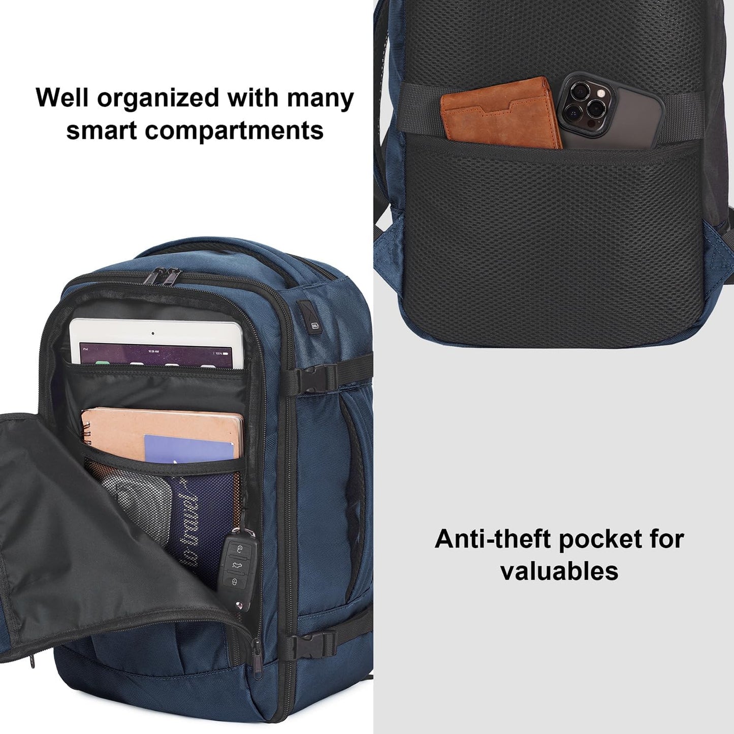 ECOHUB 16'' Reise-Rucksack Handgepäck Unterseat-Rucksack Persönlicher Gegenstand Flugzeug-Reisetasche mit 13 Taschen Handgepäck Flaschenhalter USB-Ladeanschluss Casual Daypack für Frauen Männer Schwarz