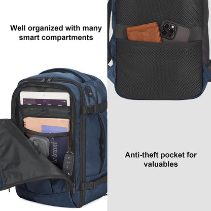ECOHUB 16'' Reise-Rucksack Handgepäck Unterseat-Rucksack Persönlicher Gegenstand Flugzeug-Reisetasche mit 13 Taschen Handgepäck Flaschenhalter USB-Ladeanschluss Casual Daypack für Frauen Männer Schwarz