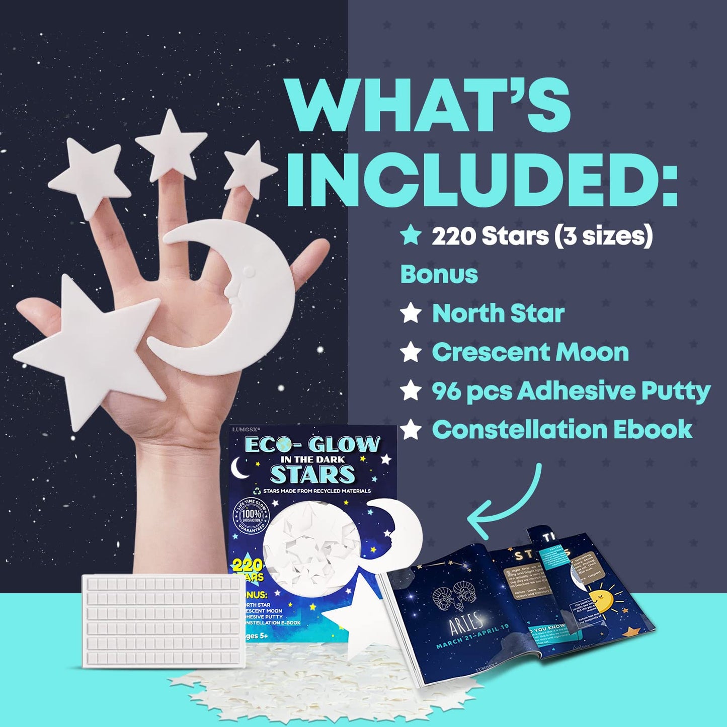 Leuchtsterne für Kinderzimmerdecke – 220-teilige Leuchtsterne für die Decke aus recycelten Materialien mit Mond, Polarstern & Konstellationen E-Book | LUMOSX