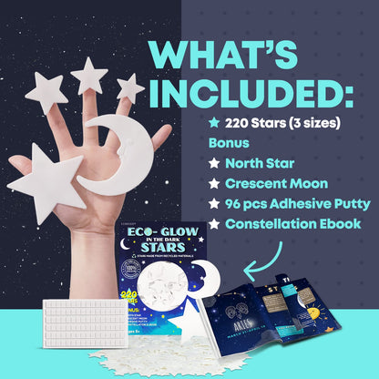 Leuchtsterne für Kinderzimmerdecke – 220-teilige Leuchtsterne für die Decke aus recycelten Materialien mit Mond, Polarstern & Konstellationen E-Book | LUMOSX