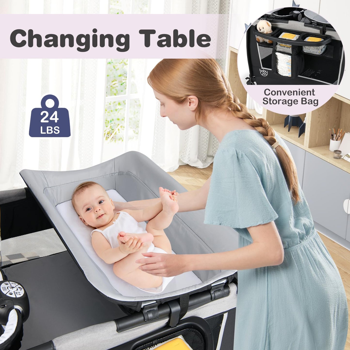 BABY JOY 5 in 1 Pink Pack and Play, Portable Baby Playard with Bassinet & Changing Table, Infant Pink Girl Bassinet Center w/Hangings & Music & Oxford Bag for Baby Toddlers (Rose, Dot Circle)