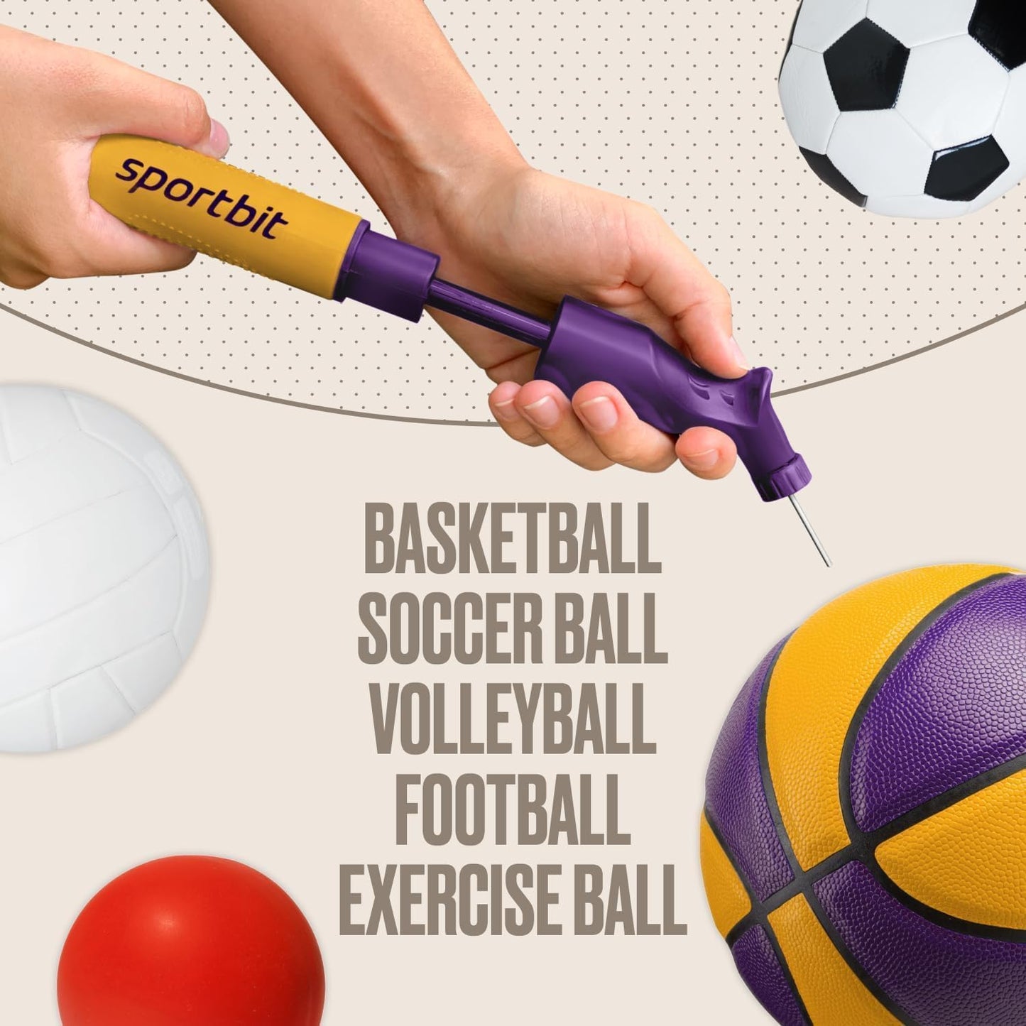 SPORTBIT Ballpumpe für Sportbälle - Basketballpumpe, Volleyballpumpe, Fußballpumpe - Handpumpe für alle Sportbälle - Push & Pull Aufblassystem - Inklusive 5 Nadeln