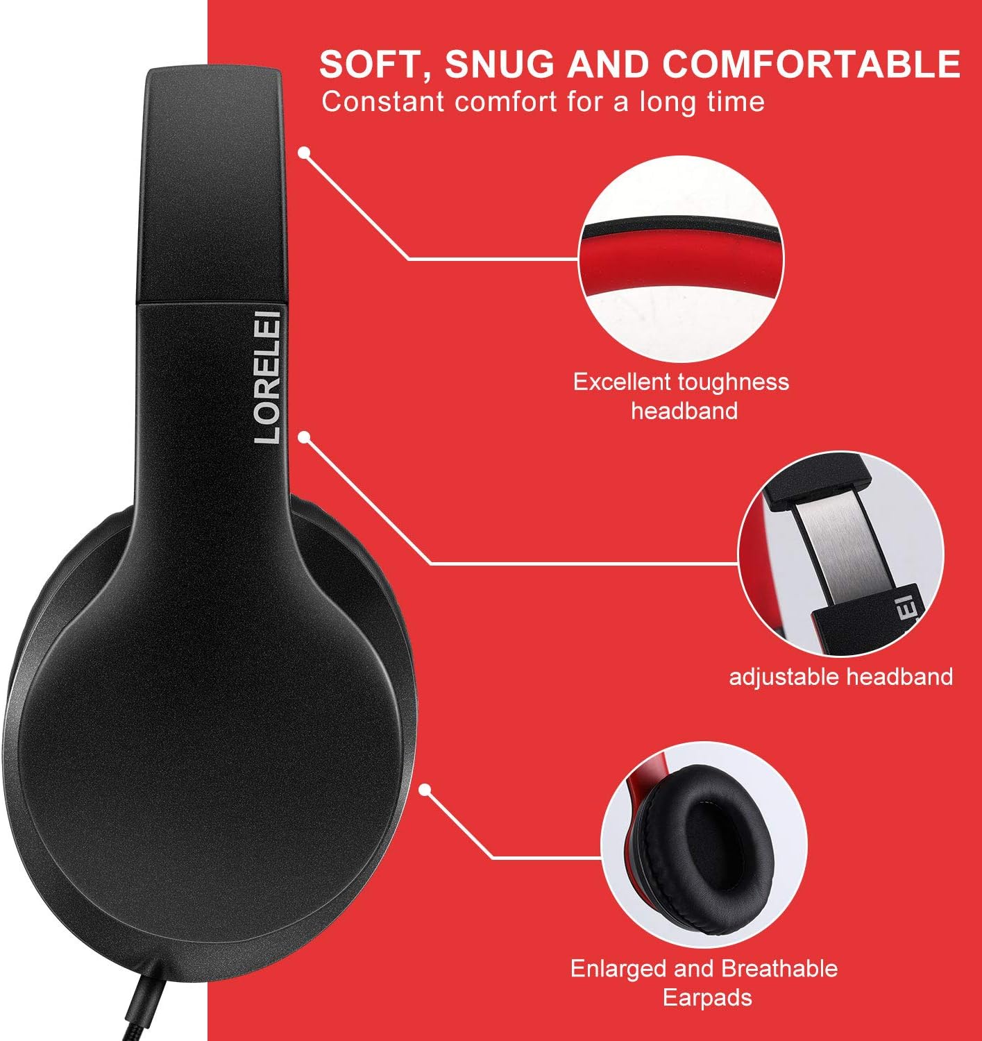 LORELEI X6 Over-Ear Kabelgebundene Stereo-Bass-Kopfhörer mit Mikrofon, Leicht, Faltbar & Portabel mit 1,45M Kabel ohne Verheddern für Smartphone, Tablet, MP3/4, Space Black