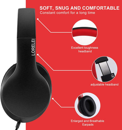 LORELEI X6 Over-Ear Kabelgebundene Stereo-Bass-Kopfhörer mit Mikrofon, Leicht, Faltbar & Portabel mit 1,45M Kabel ohne Verheddern für Smartphone, Tablet, MP3/4, Space Black
