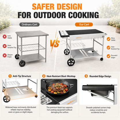Pizza Oven Table Grill Cart with Topping Station, Grill Table Stand with Wheels for Ninja, Blackstone Griddle, Ooni, Gozney, Cuisinart, Heavy Duty BBQ Prep Cart with Storage Shelf and Hooks