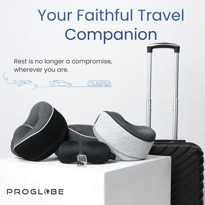 Proglobe Orthopädisches Nackenkissen Reise-Nackenkissen für Flugzeuge, Memory Foam Kit, aktualisiertes Ruhematerial, Flugreise-Set mit 3D-konturierter Augenmaske, Ohrstöpseln und luxuriösem Netzbeutel (Grau)