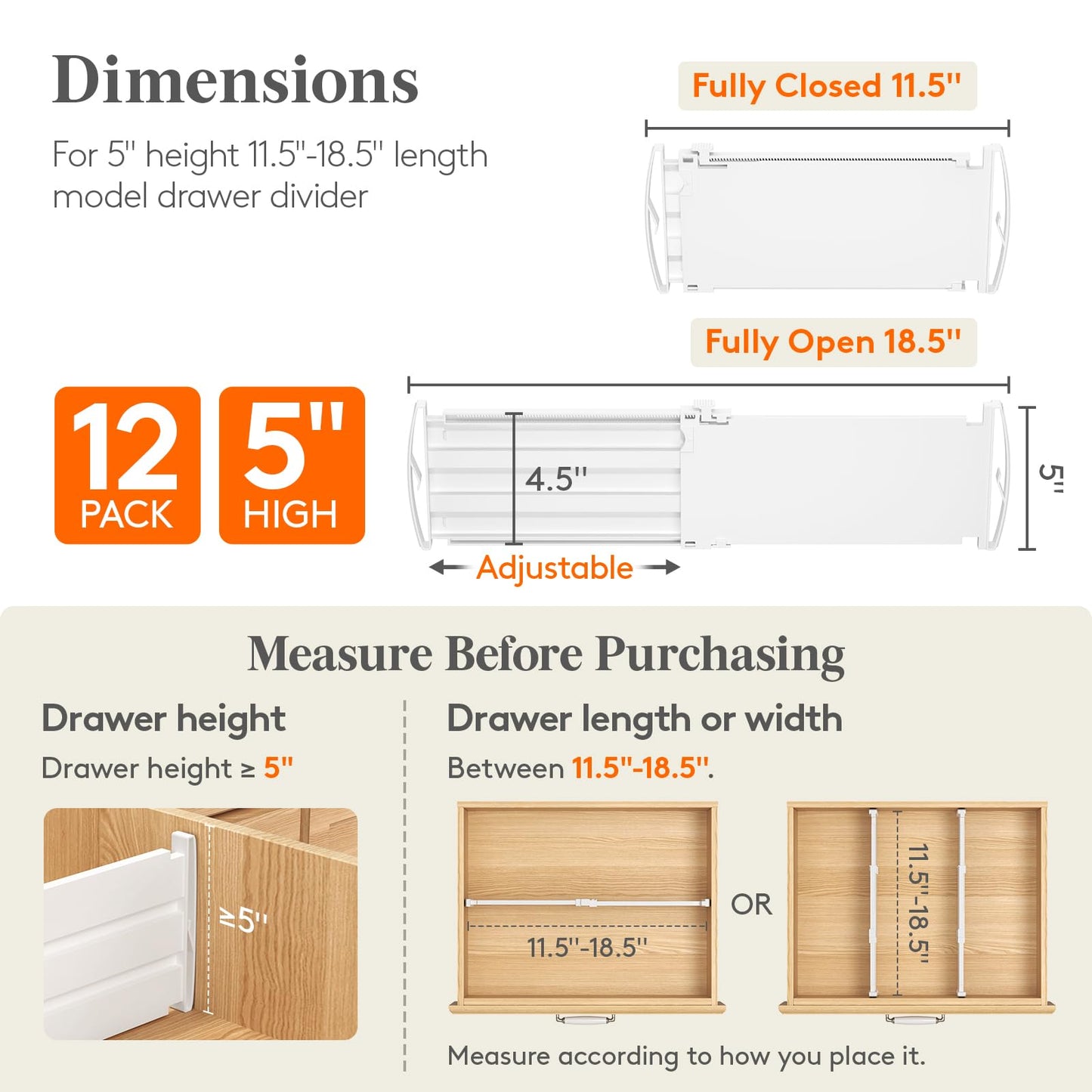 Lifewit 8" Tall 4 Pack Drawer Dividers, 13.8"-22.2" Adjustable Deep Drawer Organizer Clothes, Expandable White Plastic Separators for Dresser, Kitchen, Cabinet, Closet, Office Organization & Storage