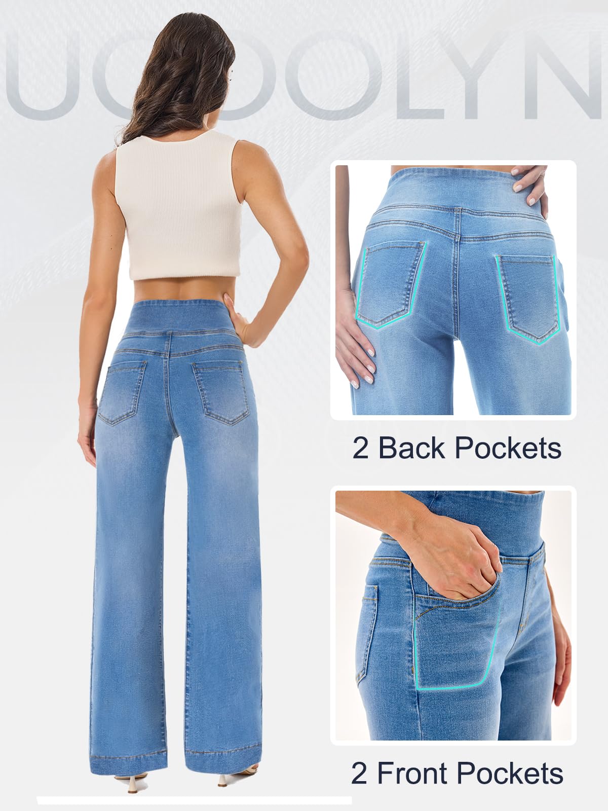UCOOLYN Pull On Wide Leg Jeans für Damen, High Waisted Bauchkontrolle Stretchy Baggy Trendy Straight Denim Hose mit Taschen für die Arbeit Dunkelblau