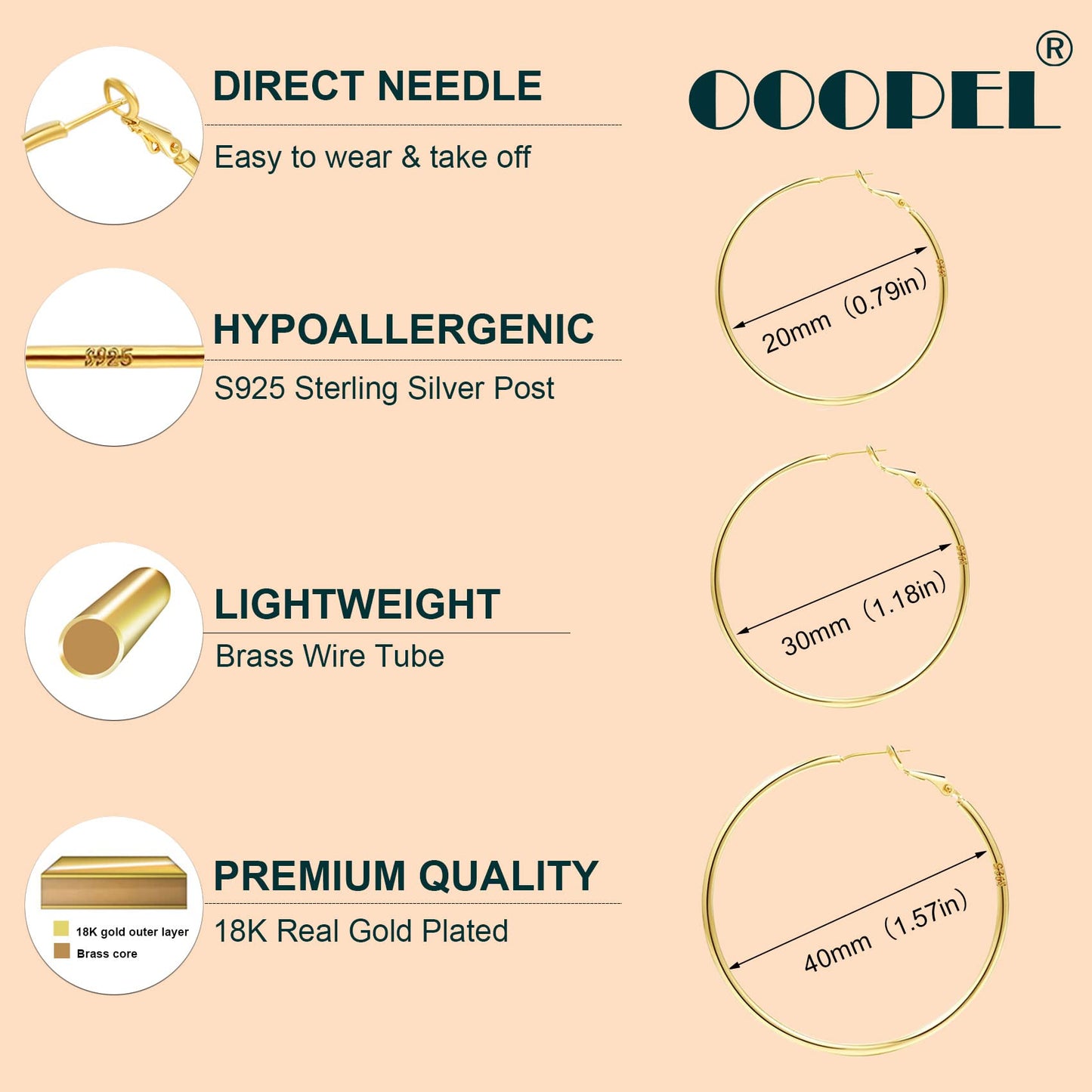 Große Gold Creolen für Frauen, Hypoallergene Dünne Gold Creolen, Sterling Silber Creolen für Damen, Extra Große, Mittelgroße, Große Creolen