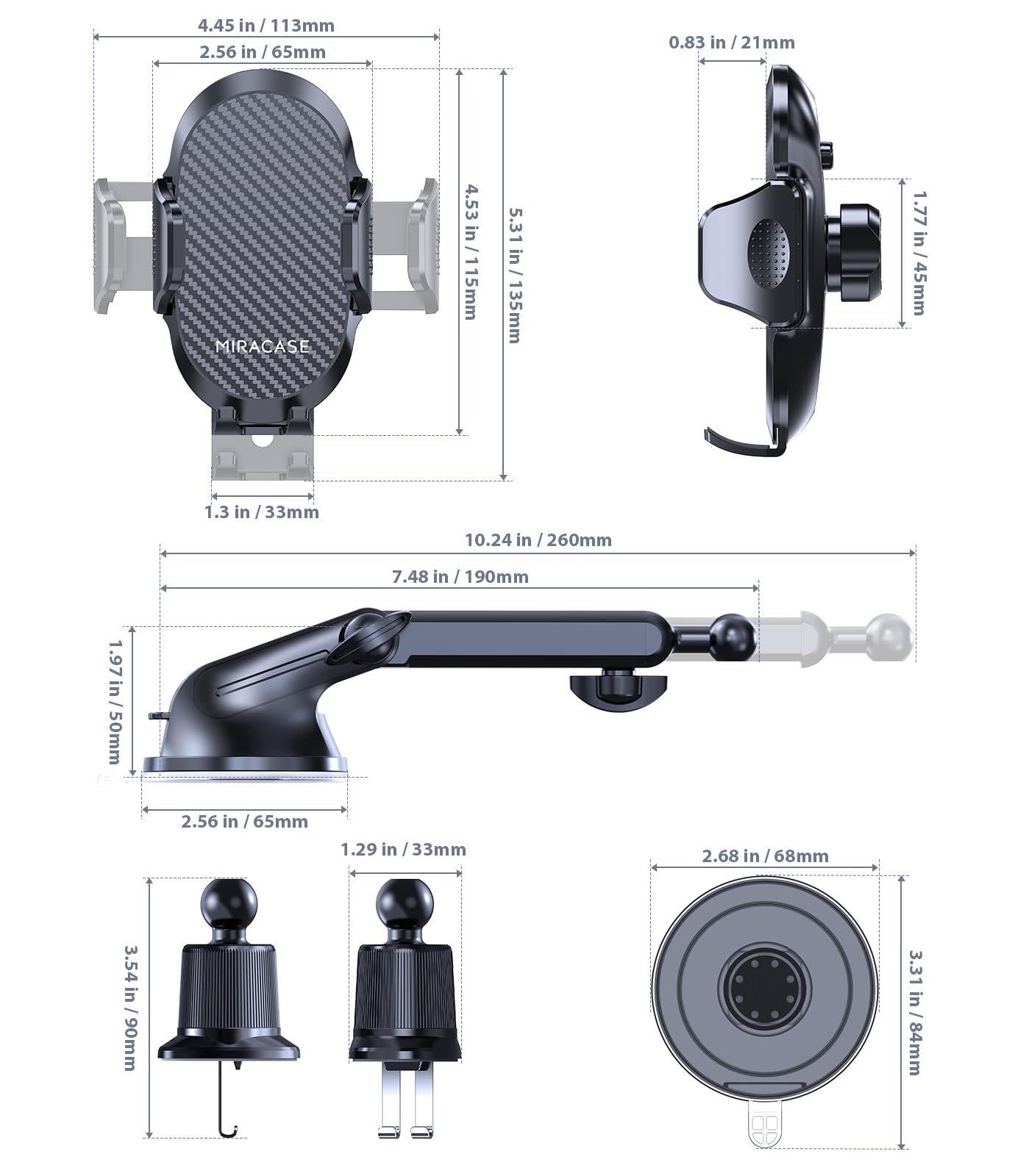 Miracase Car Phone Mount, [Upgraded Strong Military Grade Suction Cup] Long Arm Phone Holder for Car Dashboard Windshield Vent, Hands Free Cell Phone Holder Compatible with All Mobile Phones