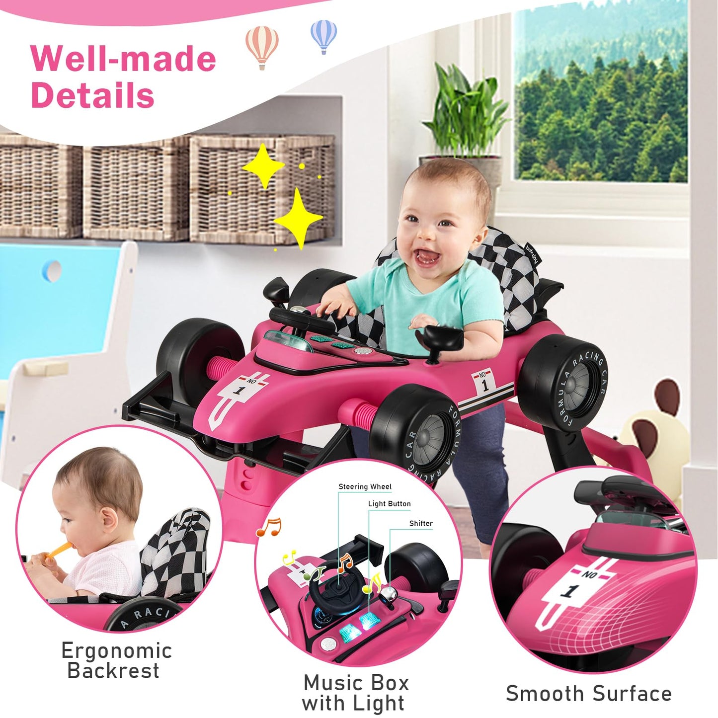 BABY JOY 4-in-1 Baby Walker, Foldable Activity Walker with Adjustable Height & Speed, Music, Lights, Anti-Rollover, Toddler Push Walker, Baby Walker with Wheels for Boys Girls 6-18 Months (Pink)