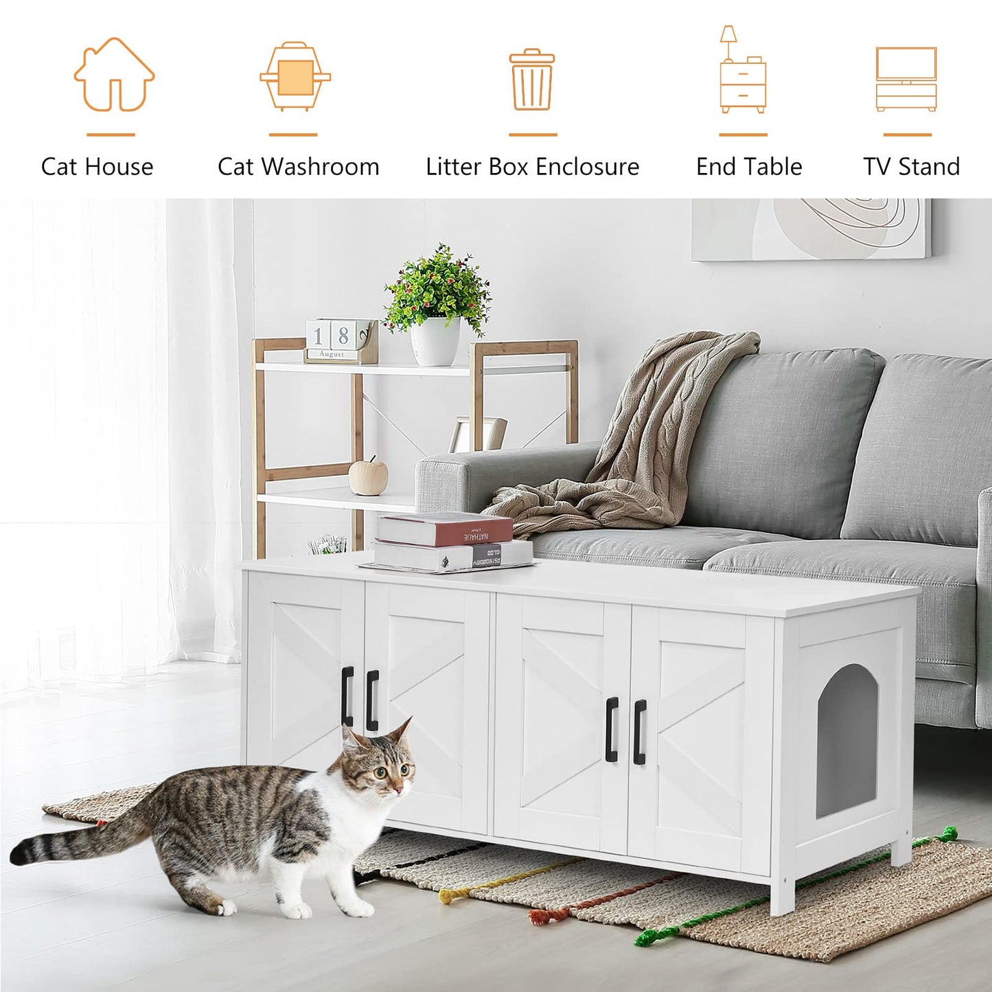 Homhedy Cat Litter Box Enclosure, Wooden Cat Washroom Furniture with Barn Door, Pet House, Fit Most of Litter Box, White