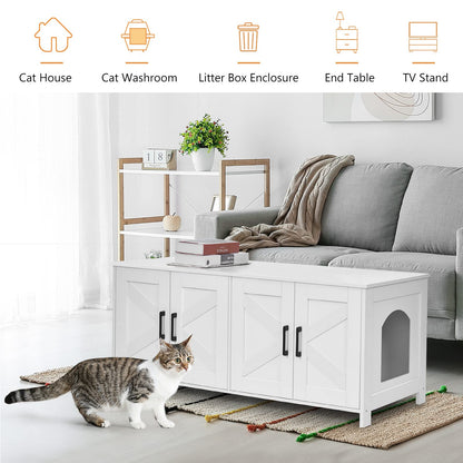 Homhedy Cat Litter Box Enclosure, Wooden Cat Washroom Furniture with Barn Door, Pet House, Fit Most of Litter Box, White