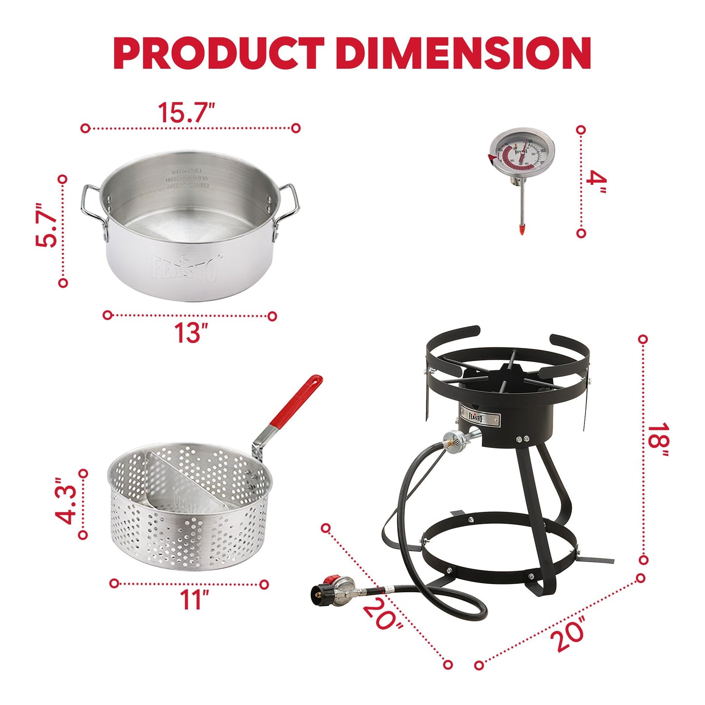 Feasto 10 Qt Outdoor Propane Gas Fish Fryer Pot Kit with Strainer Basket | Aluminum, 50,000 BTU Burner, Adjustable 0-5 PSI Regulator, Perfect for Boiling and Frying