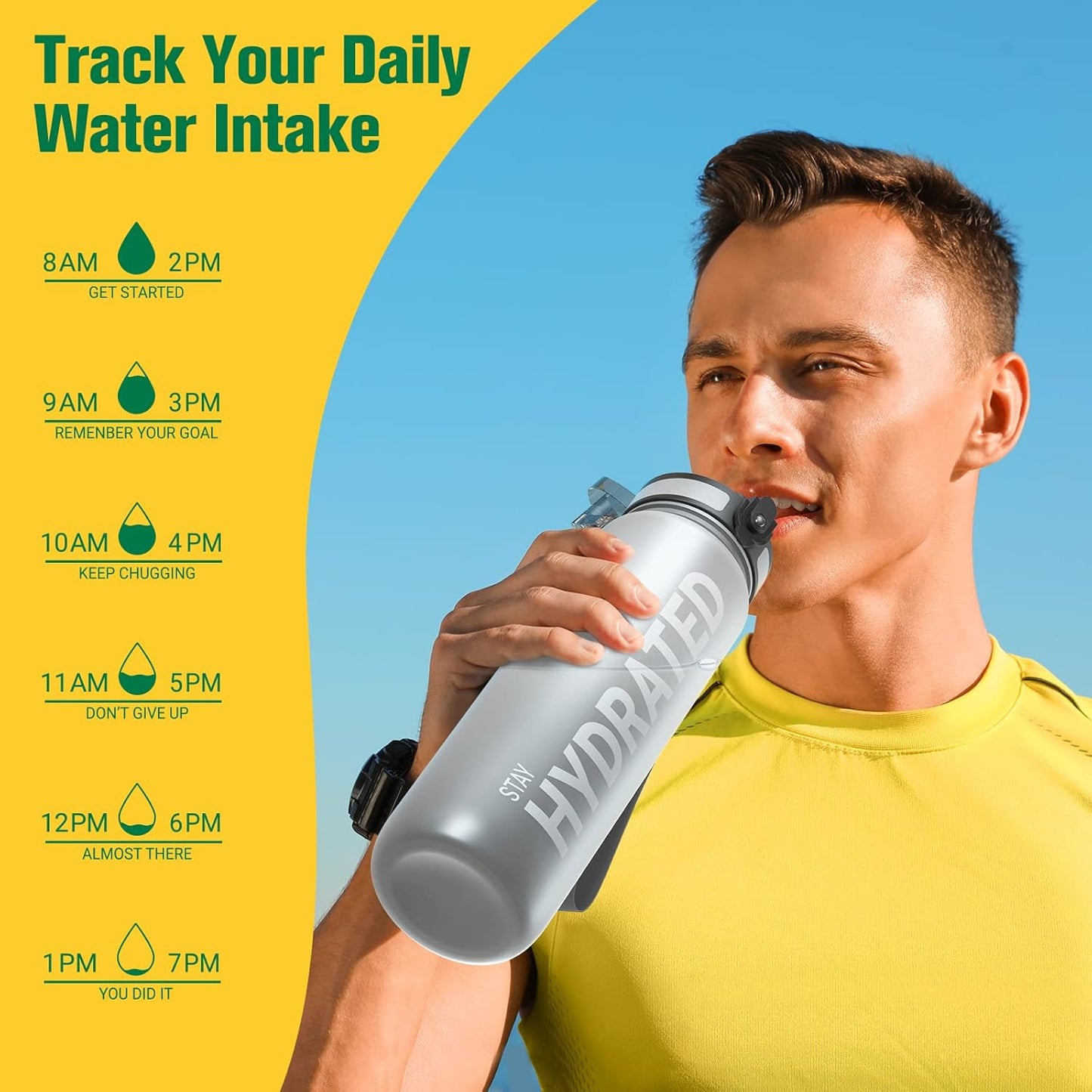 Sahara Sailor Trinkflasche, 950ml Motivations-Sportflasche mit Zeitmarkierung – Trinkzeiten – Tritan, BPA-frei, weite Öffnung auslaufsicher, Fast-Flow-Technologie mit Reinigungsbürste (1 Flasche)