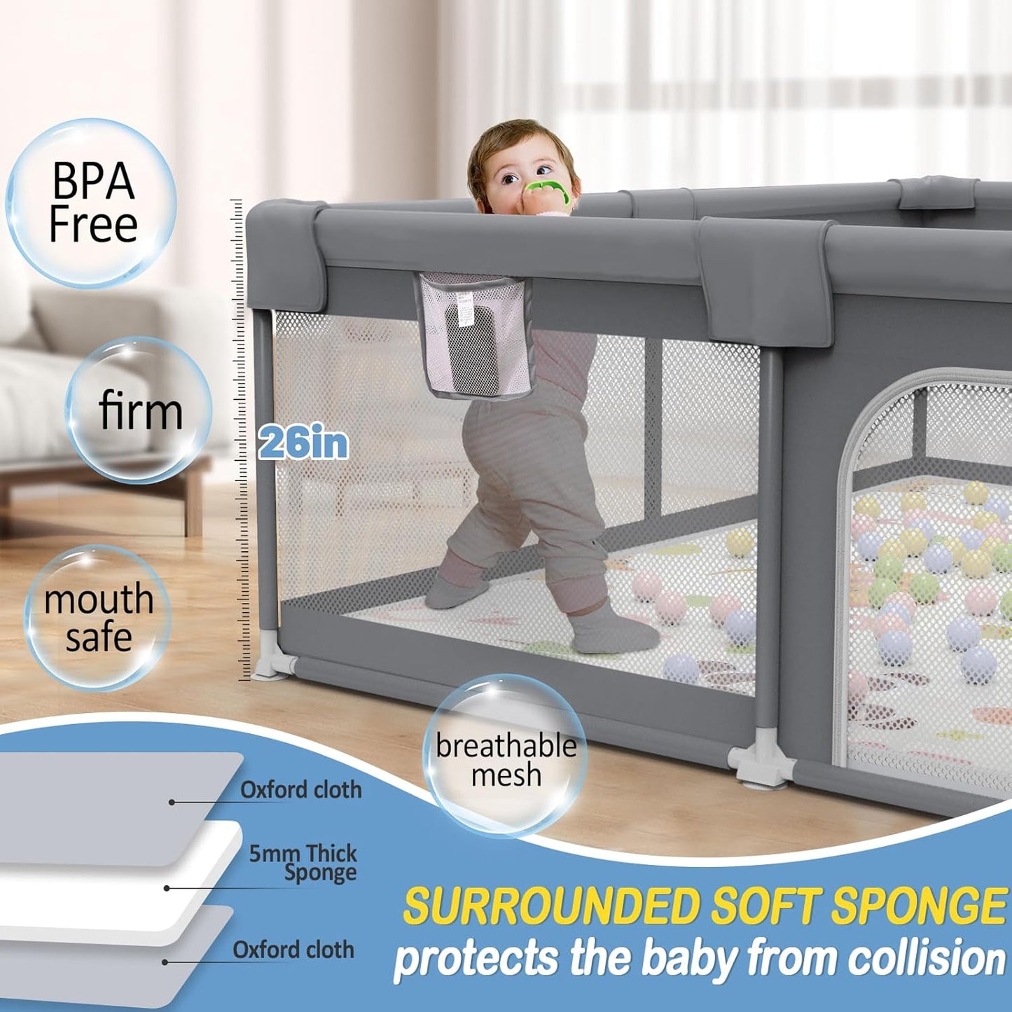 Palopalo Baby Laufgitter, 180x150cm Extra Großer Laufstall für Babys und Kleinkinder, Baby-Aktivitätszentrum mit 8 Saugnapfbasen, Baby-Laufstall mit Tür und weichem, atmungsaktivem Netz, Ohne Matte
