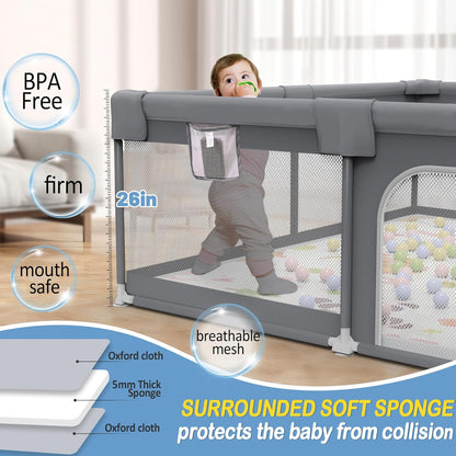 Palopalo Baby Laufgitter, 180x150cm Extra Großer Laufstall für Babys und Kleinkinder, Baby-Aktivitätszentrum mit 8 Saugnapfbasen, Baby-Laufstall mit Tür und weichem, atmungsaktivem Netz, Ohne Matte