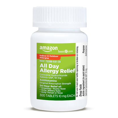 Amazon Basic Care All Day Allergy,Cetirizine Hydrochloride Tablets,10 mg,24-Hour Relief for Sneezing,Runny Nose,Itchy Eyes&Throat,Indoor&Outdoor Allergy Relief,30 Count (Packaging may vary)(Pack of 2)