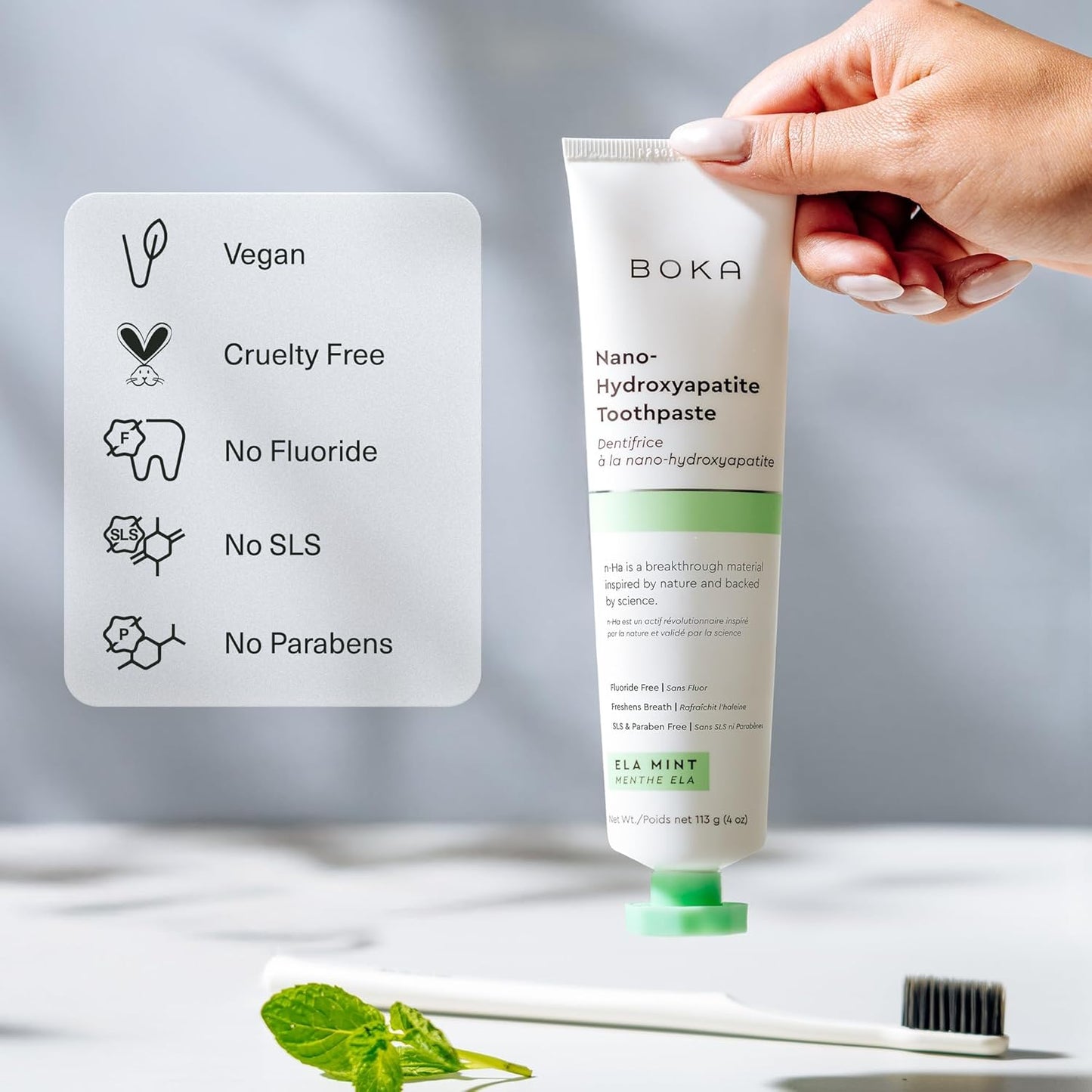 Boka Fluoridfreie Zahnpasta, Nano-Hydroxyapatit-Zahnpasta, geeignet für empfindliche Zähne – für Erwachsene, Kinder Mundpflege – Ela Mint Geschmack, 113 g (4 Fl Oz) 1 Stk