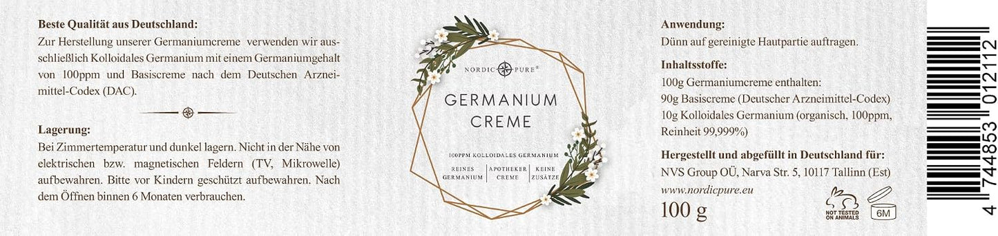 Colloidal Germanium Cream, 100 g, Natural Germanium Cream with 100 ppm Colloidal Germanium, Premium Quality from Germany