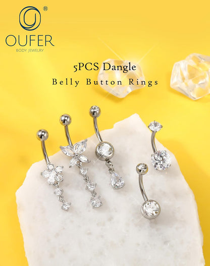 OUFER 5x Bauchnabelpiercings baumelnd – 14G Chirurgischer Stahl Bauchnabelpiercing, Hypoallergener Bauchnabelring mit Zirkonia Schmetterling Blume Tropfen Langhantel für Strand, Festival, Fitnessstudio