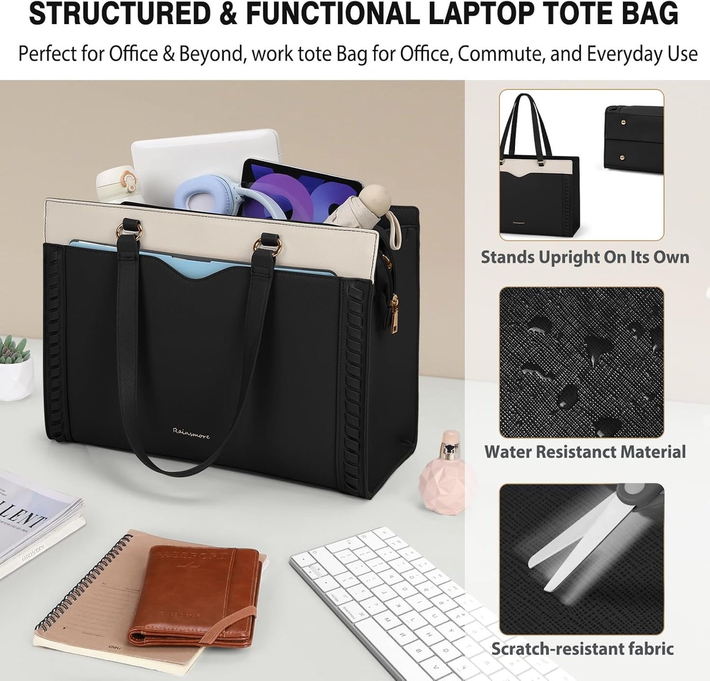 RAINSMORE Laptop Bag for Women 15.6 Inch Work Tote Bag with Detachable Strap & Bow Leather Laptop Tote with Cup Holder