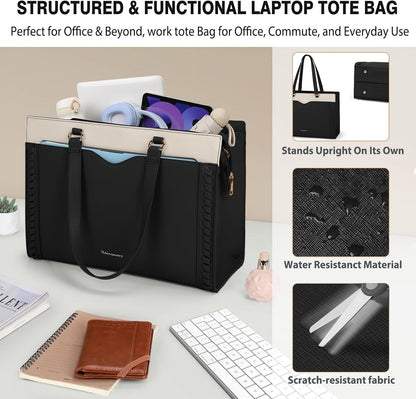 RAINSMORE Laptop Bag for Women 15.6 Inch Work Tote Bag with Detachable Strap & Bow Leather Laptop Tote with Cup Holder