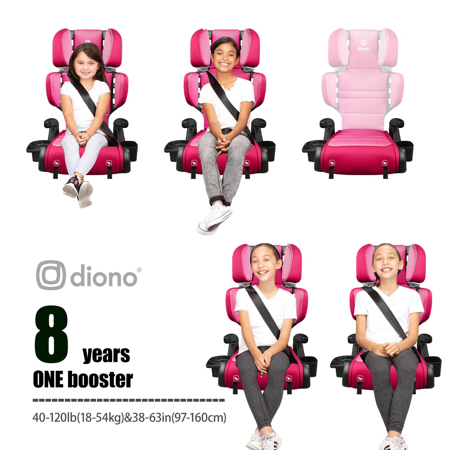 Diono Connect3 RXT 2-in-1 High Back Booster, Slim Fit 3-Across in Many Mid-Sized Sedans and SUVs, for Children from 40-120 lbs., Lightweight with Latch, Black Storm