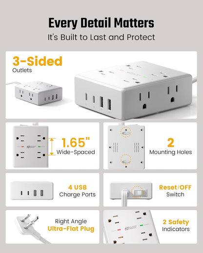 Surge Protector Power Bar, SUPERDANNY 6 Ft Extension Cord with 8 Outlets & 4USB Ports (2 USB 2 C), Mountable Flat Plug Power Strip, Surge Protection for Home, Office, Dorm