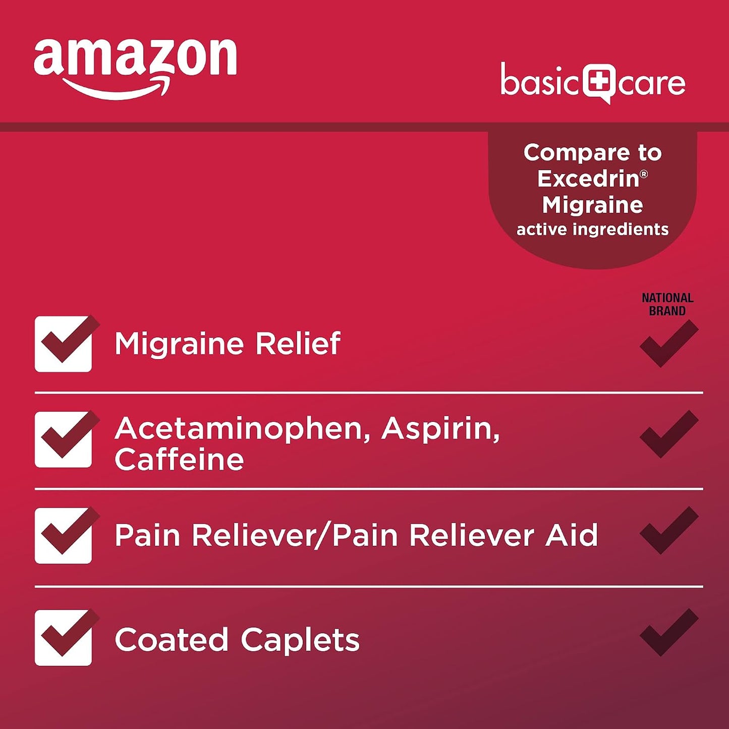 Amazon Basic Care Migraine Relief Acetaminophen, Aspirin (NSAID) and Caffeine Tablets, Pain Reliever/Pain Reliever Aid, 200 Count (Pack of 3)