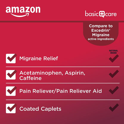 Amazon Basic Care Migraine Relief Acetaminophen, Aspirin (NSAID) and Caffeine Tablets, Pain Reliever/Pain Reliever Aid, 200 Count (Pack of 3)