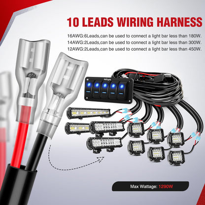 Nilight - NI -WA 06 LED Light Bar Wiring Harness Kit - 2 Leads 12V On Off Switch Power Relay Blade Fuse for Off Road Lights LED Work Light, 2 Years Warranty