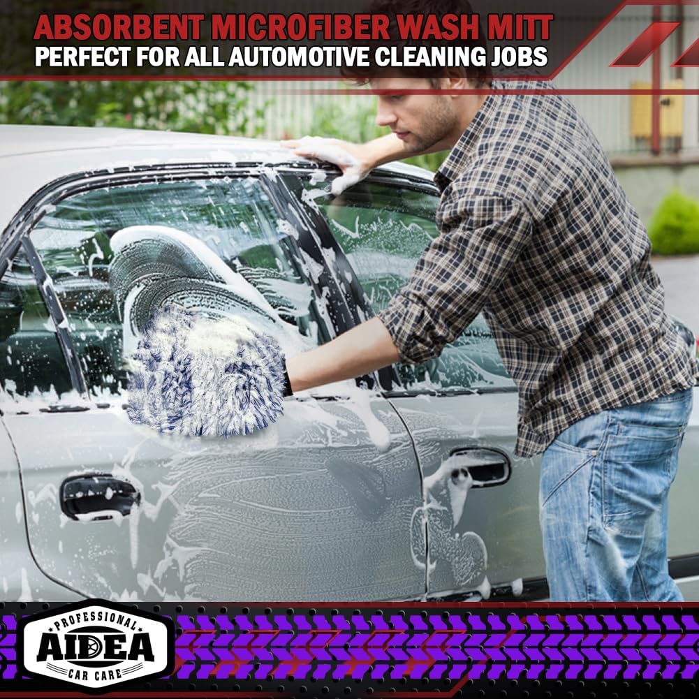 AIDEA Auto Waschhandschuh Mikrofaser, 2er Pack Kratzfrei Fusselfrei, Premium Chenille Mikrofaser Waschhandschuh Auto Waschbürste, Grün, Reguläre Größe 18,08 cm x 25,76 cm