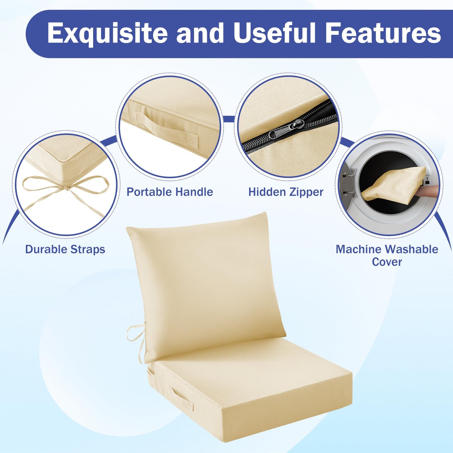 IASEAHK Outdoor Chair Cushions, 24 x 24 Inch Outdoor Cushion for Patio Furniture, Patio Chair Cushion, Waterproof & Fade Resistant Deep Patio Furniture Cushions Set with Handle and Ties, Navy Blue