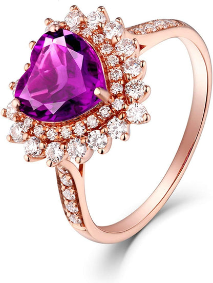 Aienid 18Ct Rose Gold Womens Ring Custom 1.13Ct Heart Shape Amethyst with Round Diamond Wedding Rings for Women
