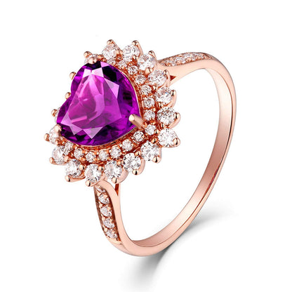 Aienid 18Ct Rose Gold Womens Ring Custom 1.13Ct Heart Shape Amethyst with Round Diamond Wedding Rings for Women