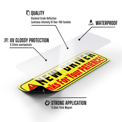 Fahranfänger-Magnet für das Auto – extra starker Halt – 24,7 cm x 8,2 cm – 3er-Pack – wichtige magnetische Fahranfänger-Aufkleber/Schilder – erinnert andere, bitte geduldig zu sein – helles und reflektierendes Schild für Fahranfänger